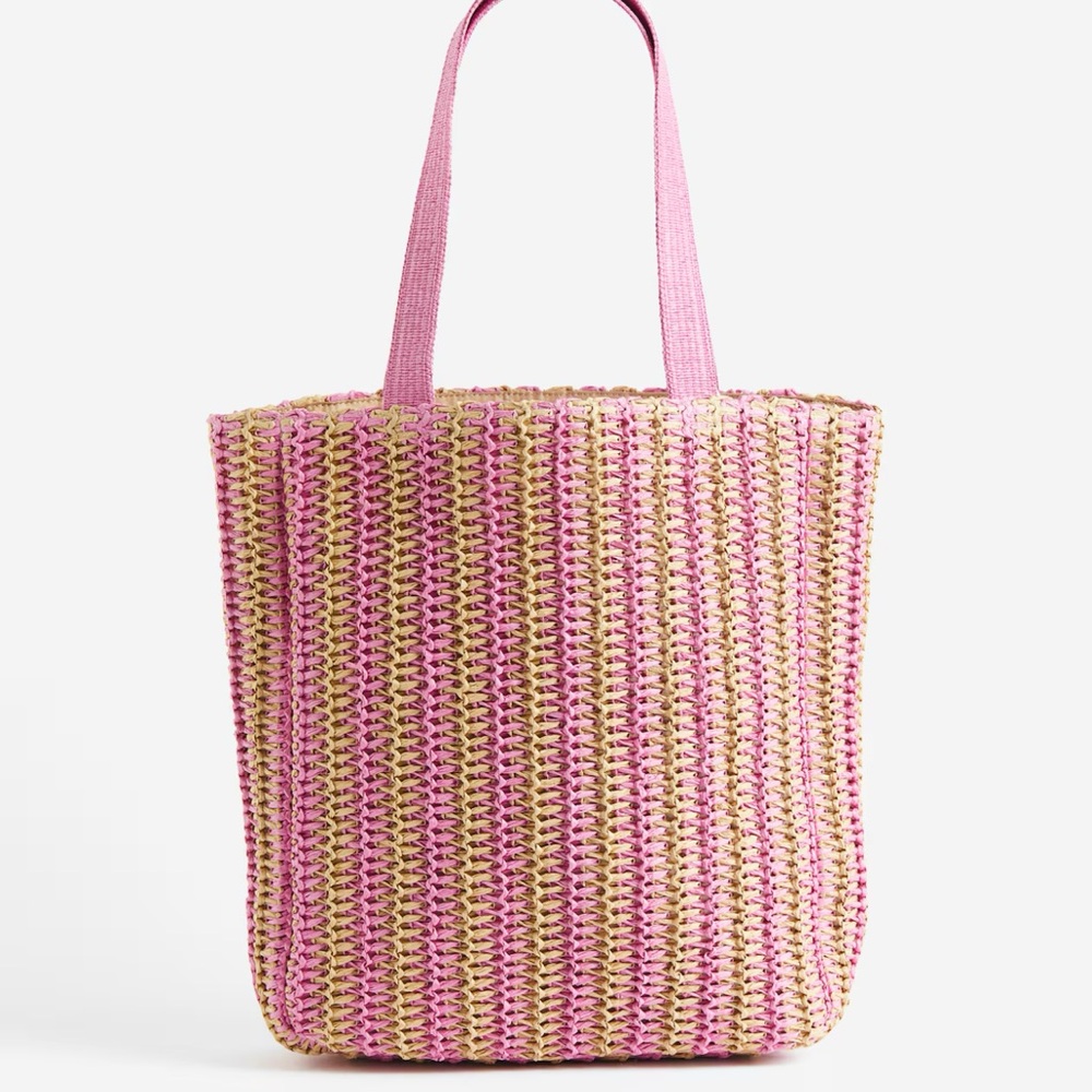H&M Pink and Green Tote Bag with Striped Design
